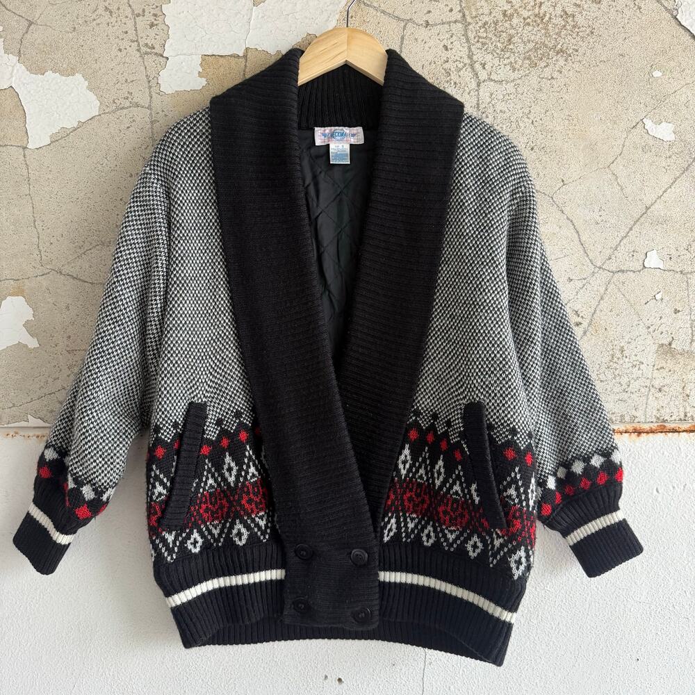 Vtg 80s Cardigan‎ Jacket Fair Isle Knit Bomber Wool Blend Shawl Collar Women's S